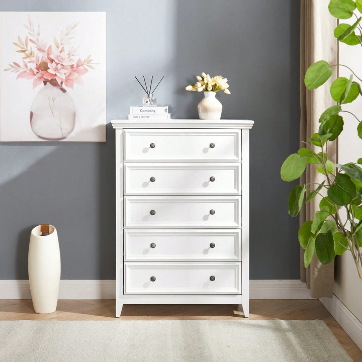 Spacious 5-Drawer Bedroom Dresser with Smooth Glide Metal Slides and Anti-Tip Safety Design for Clothes Storage Image 3