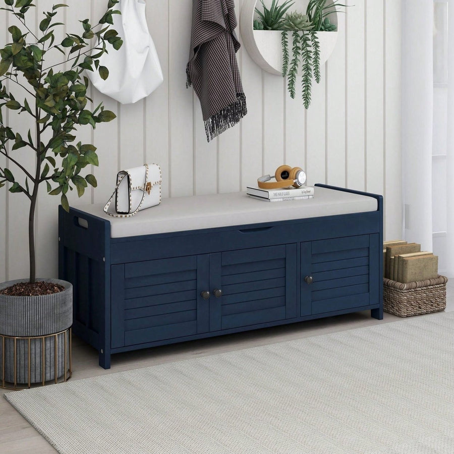 Storage Bench With 3 Shutter-Shaped Doors, Shoe Bench With Removable Cushion And Hidden Storage Space Image 1