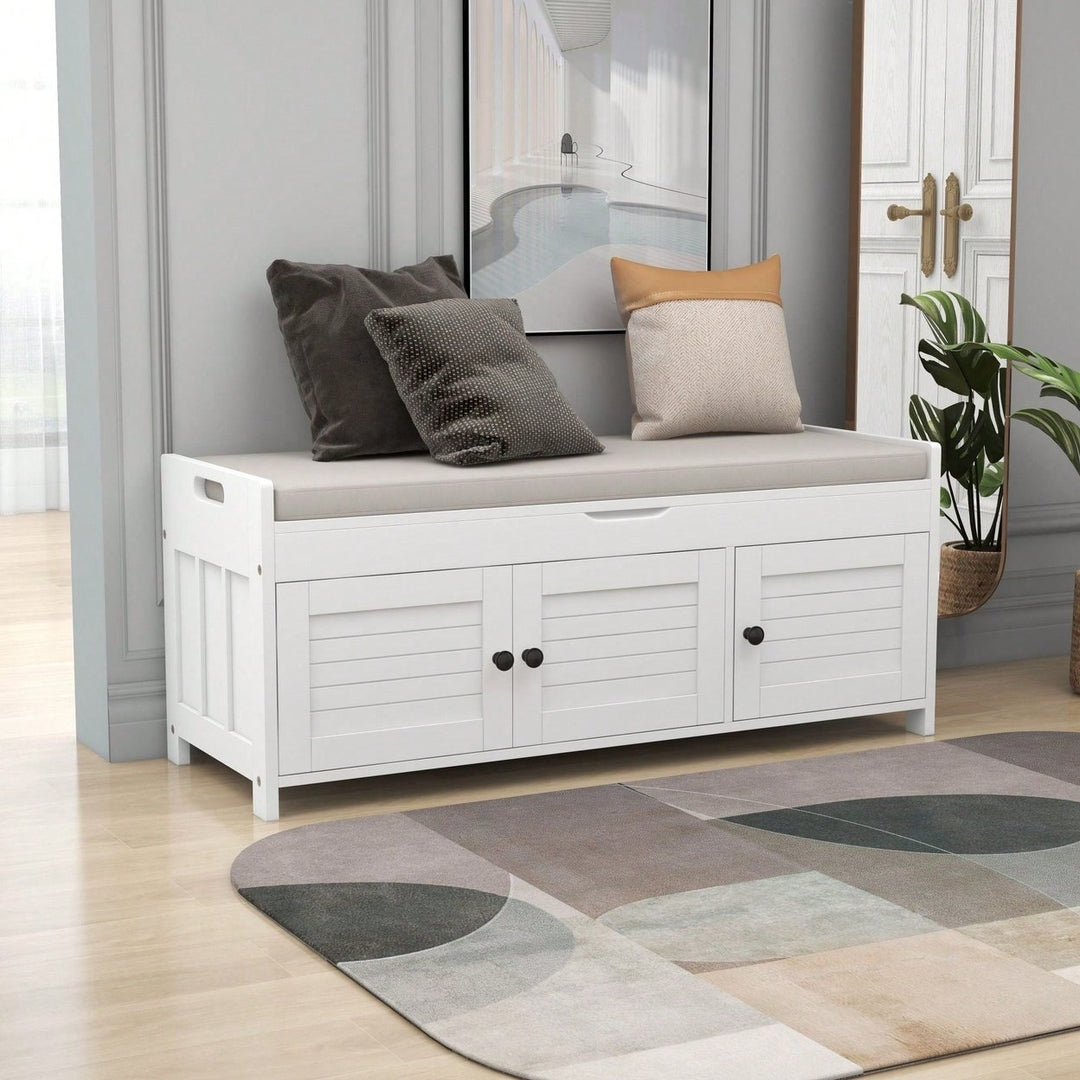 Storage Bench With 3 Shutter-Shaped Doors, Shoe Bench With Removable Cushion And Hidden Storage Space Image 3