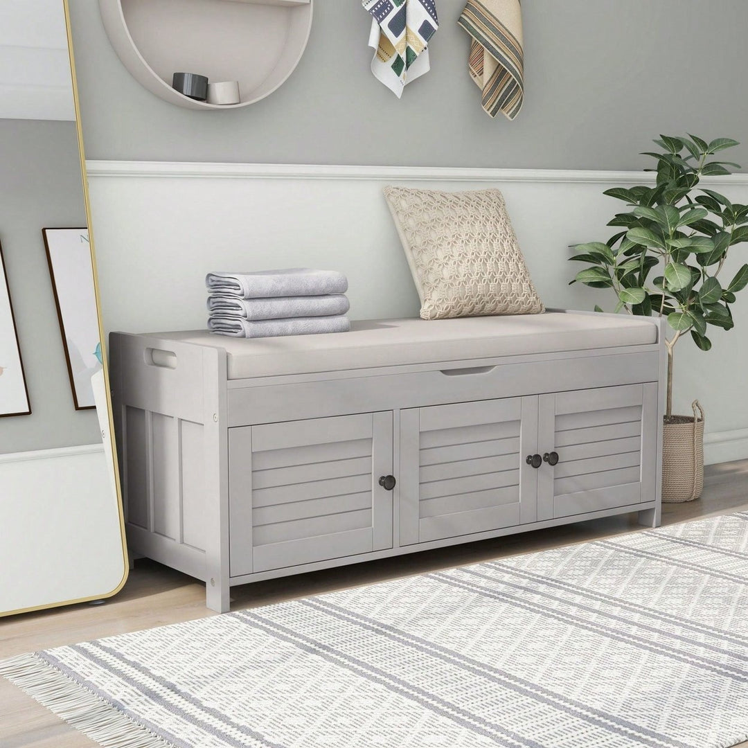 Storage Bench With 3 Shutter-Shaped Doors, Shoe Bench With Removable Cushion And Hidden Storage Space Image 4