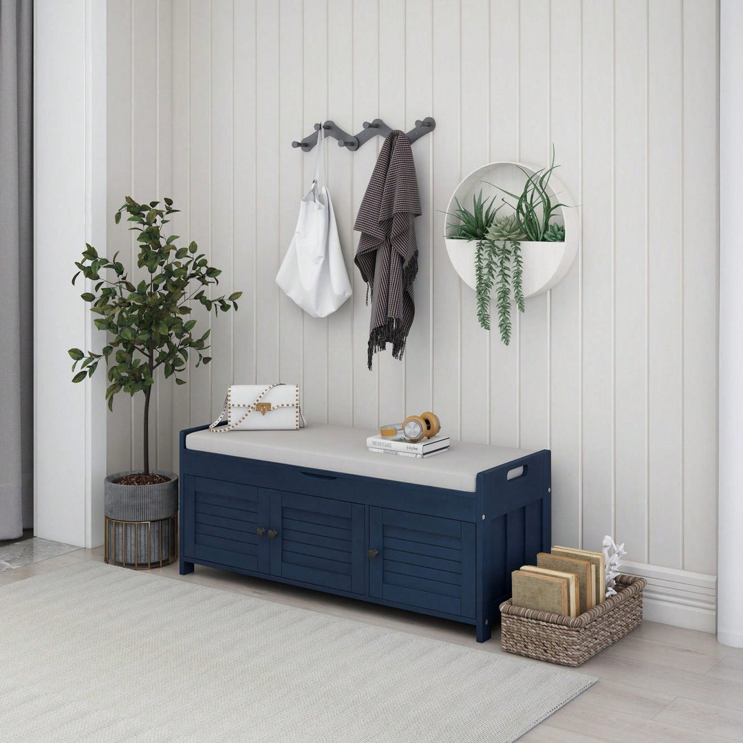 Storage Bench With 3 Shutter-Shaped Doors, Shoe Bench With Removable Cushion And Hidden Storage Space Image 6