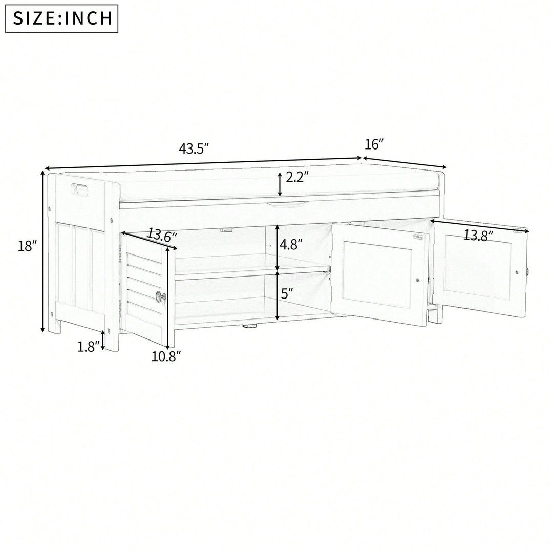 Storage Bench With 3 Shutter-Shaped Doors, Shoe Bench With Removable Cushion And Hidden Storage Space Image 7