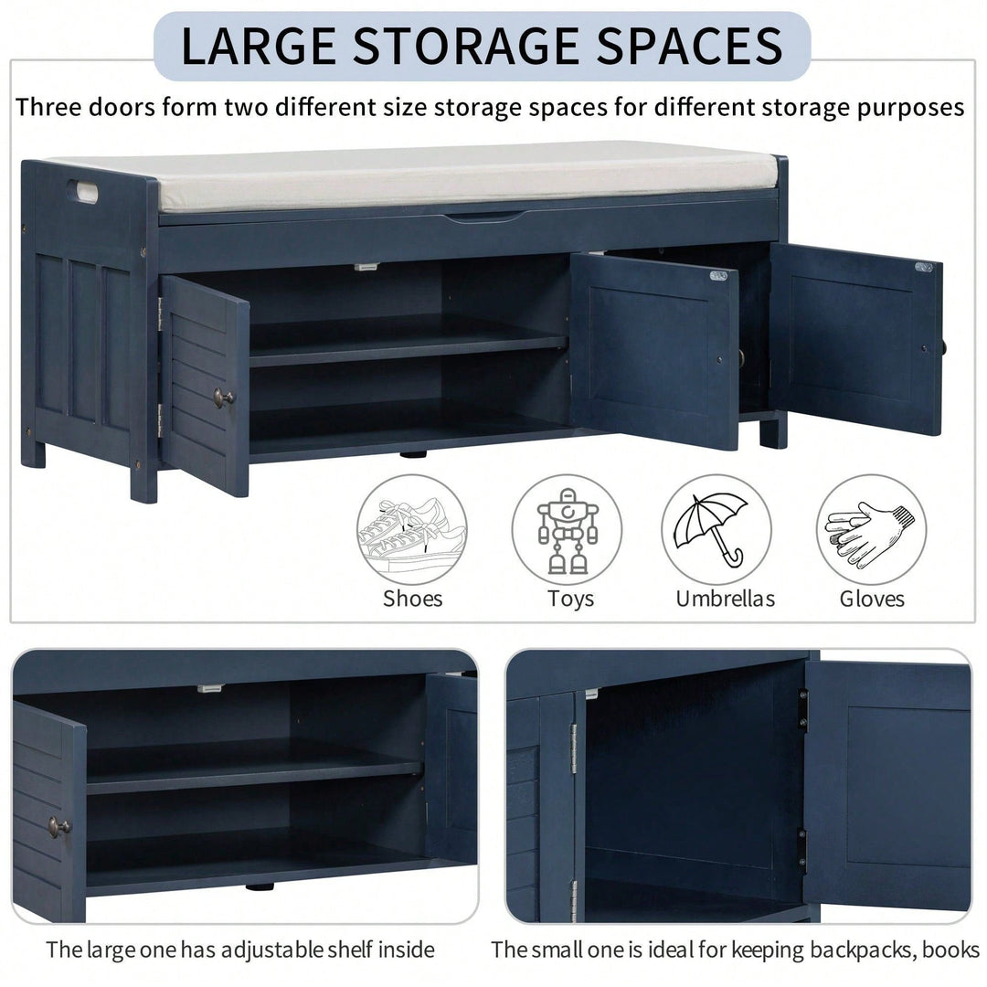 Storage Bench With 3 Shutter-Shaped Doors, Shoe Bench With Removable Cushion And Hidden Storage Space Image 8