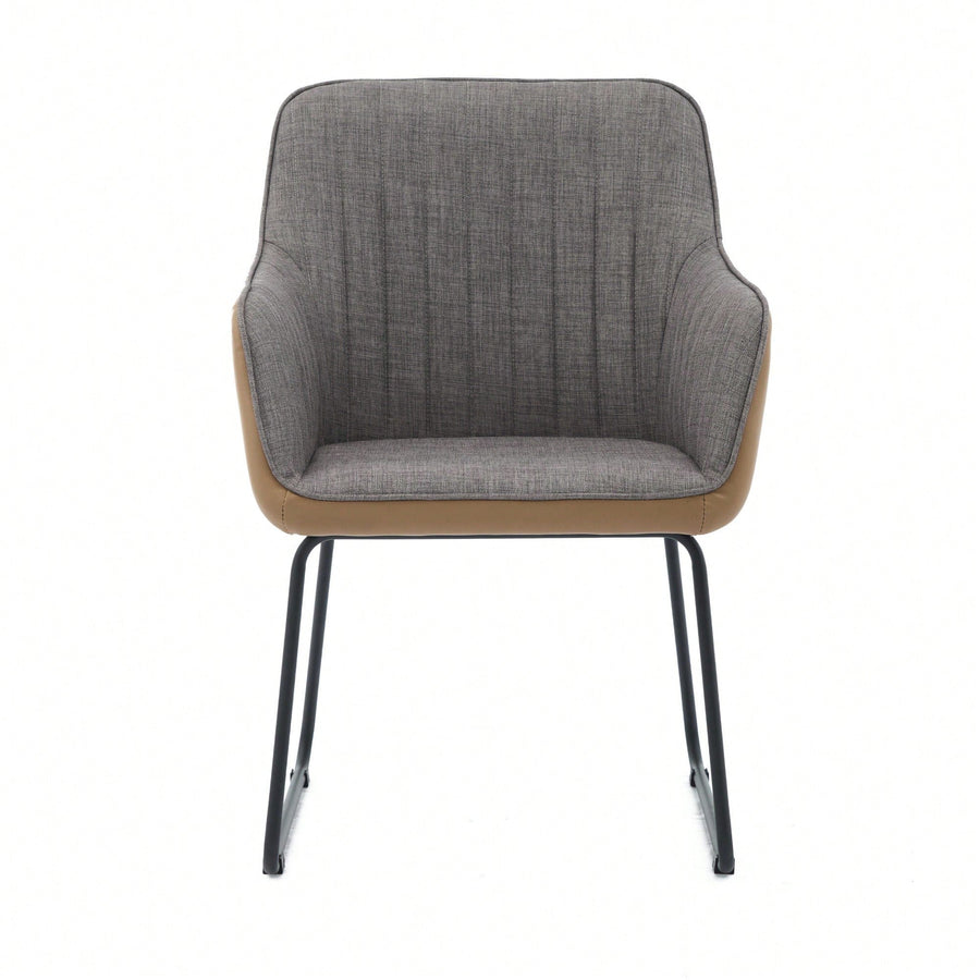 Stylish Light Grey Leather and Linen Dining Chair with Cushioned Arms and Metal Legs for Modern Leisure Spaces Image 1