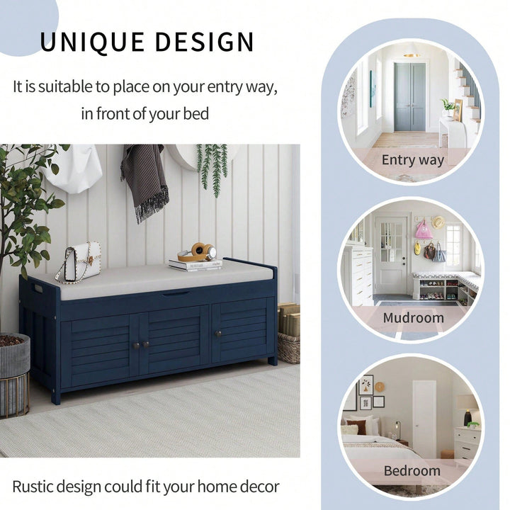 Storage Bench With 3 Shutter-Shaped Doors, Shoe Bench With Removable Cushion And Hidden Storage Space Image 10