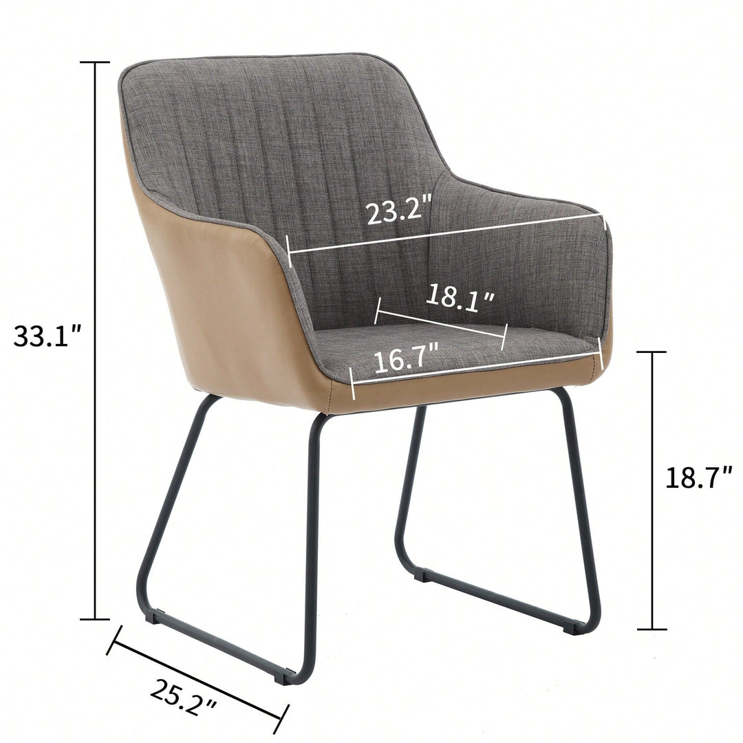 Stylish Light Grey Leather and Linen Dining Chair with Cushioned Arms and Metal Legs for Modern Leisure Spaces Image 5