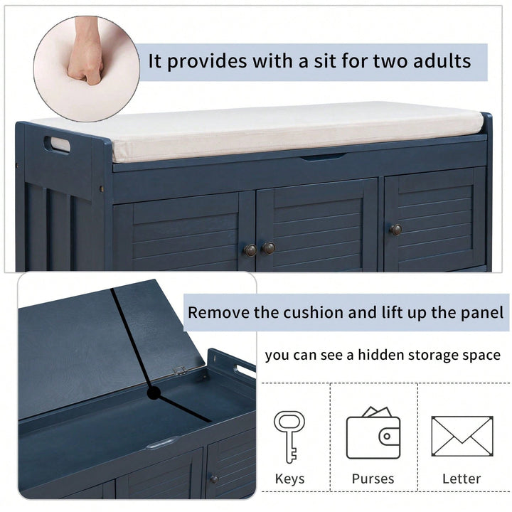 Storage Bench With 3 Shutter-Shaped Doors, Shoe Bench With Removable Cushion And Hidden Storage Space Image 11