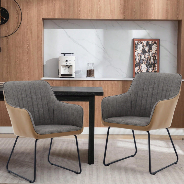 Stylish Light Grey Leather and Linen Dining Chair with Cushioned Arms and Metal Legs for Modern Leisure Spaces Image 6