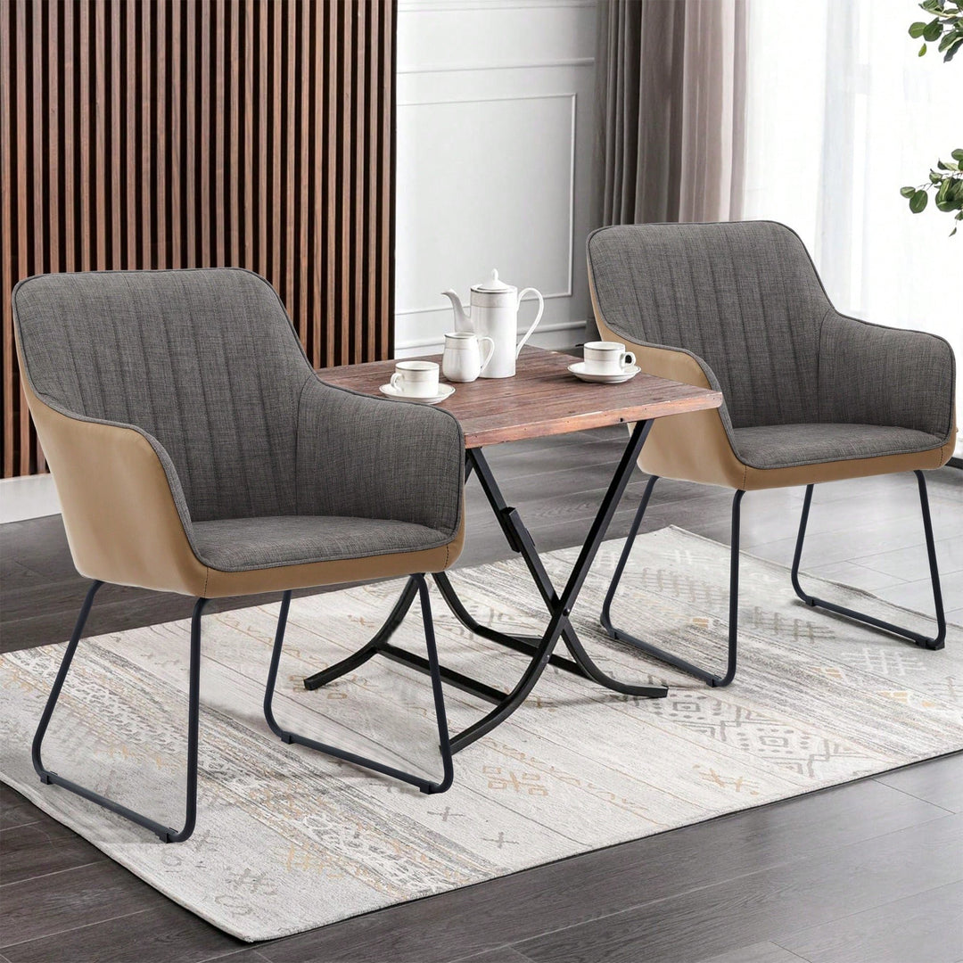 Stylish Light Grey Leather and Linen Dining Chair with Cushioned Arms and Metal Legs for Modern Leisure Spaces Image 7