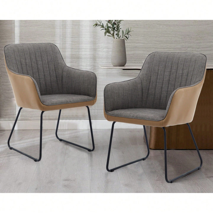 Stylish Light Grey Leather and Linen Dining Chair with Cushioned Arms and Metal Legs for Modern Leisure Spaces Image 8