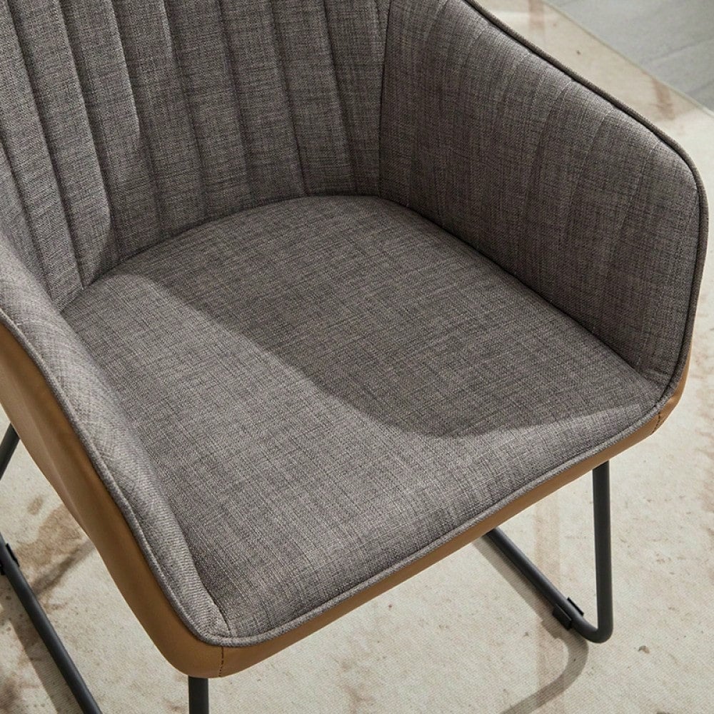 Stylish Light Grey Leather and Linen Dining Chair with Cushioned Arms and Metal Legs for Modern Leisure Spaces Image 10