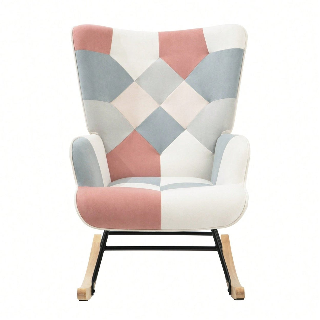 Stylish Mid Century Fabric Rocking Chair With Ottoman, Wood Legs, And Patchwork Linen For Living Room Or Image 1