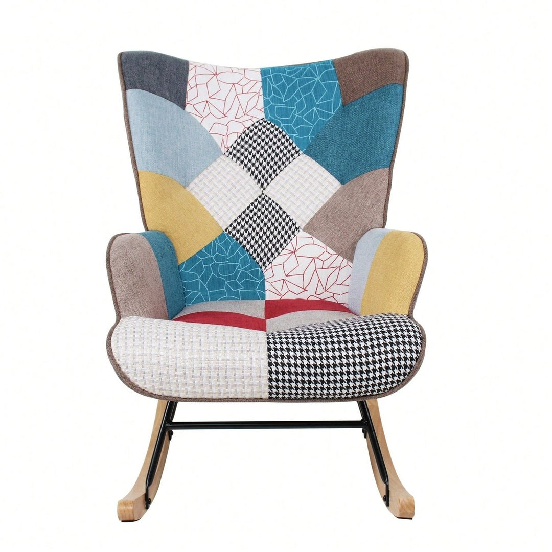 Stylish Mid Century Fabric Rocking Chair With Ottoman, Wood Legs, And Patchwork Linen For Living Room Or Image 2