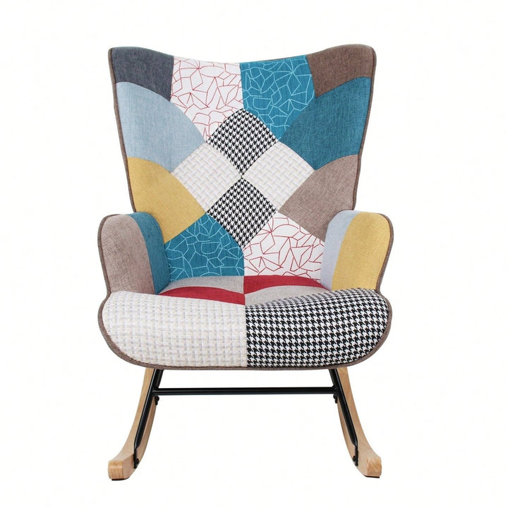 Stylish Mid Century Fabric Rocking Chair With Ottoman, Wood Legs, And Patchwork Linen For Living Room Or Image 1