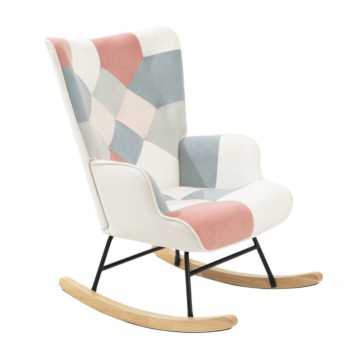 Stylish Mid Century Fabric Rocking Chair With Ottoman, Wood Legs, And Patchwork Linen For Living Room Or Image 4