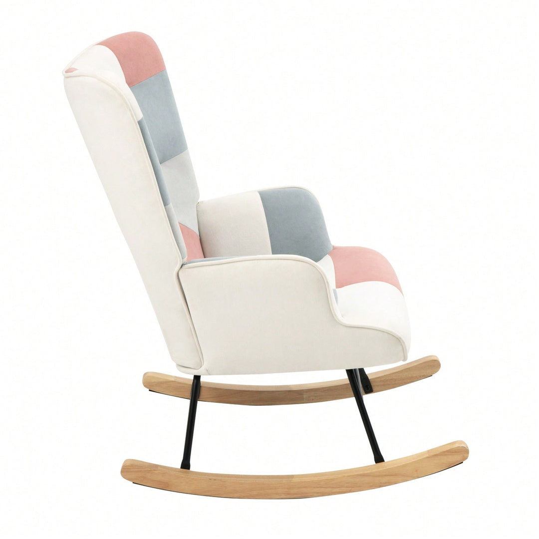 Stylish Mid Century Fabric Rocking Chair With Ottoman, Wood Legs, And Patchwork Linen For Living Room Or Image 5