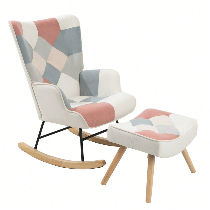 Stylish Mid Century Fabric Rocking Chair With Ottoman, Wood Legs, And Patchwork Linen For Living Room Or Image 6