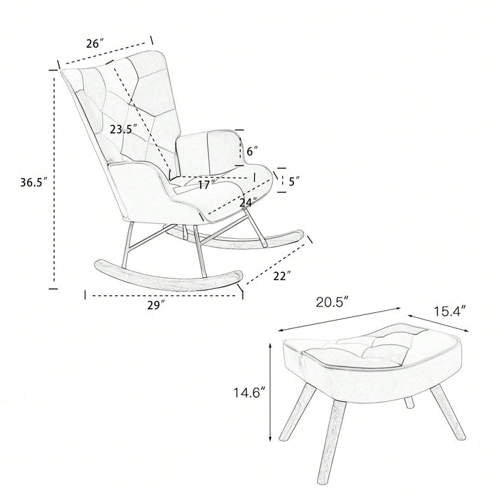 Stylish Mid Century Fabric Rocking Chair With Ottoman, Wood Legs, And Patchwork Linen For Living Room Or Image 8