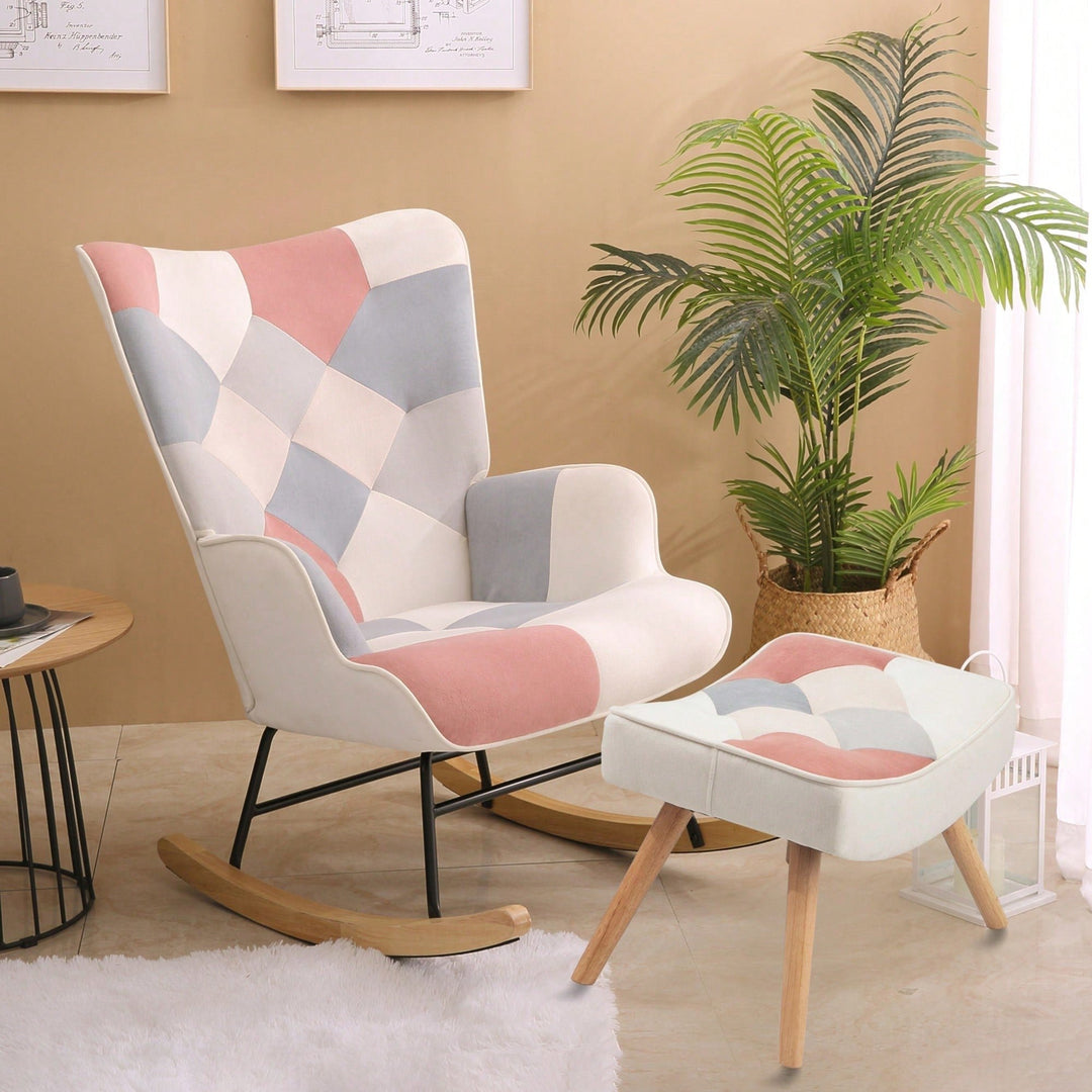 Stylish Mid Century Fabric Rocking Chair With Ottoman, Wood Legs, And Patchwork Linen For Living Room Or Image 9