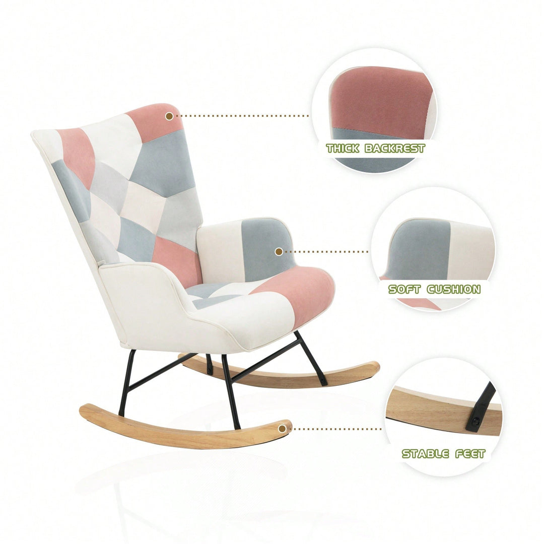 Stylish Mid Century Fabric Rocking Chair With Ottoman, Wood Legs, And Patchwork Linen For Living Room Or Image 10