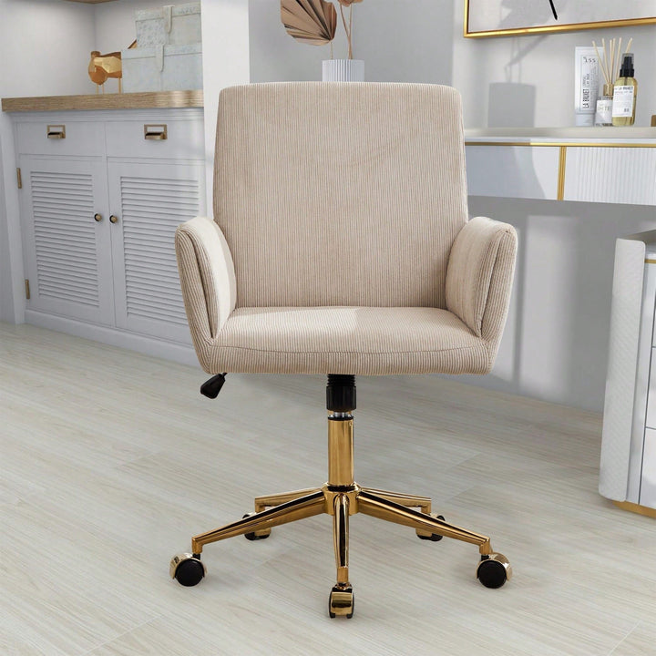 Stylish Modern Height Adjustable Ergonomic Corduroy Office Chair With Gold Base - Creamy White Leisure Armchair For And Image 4