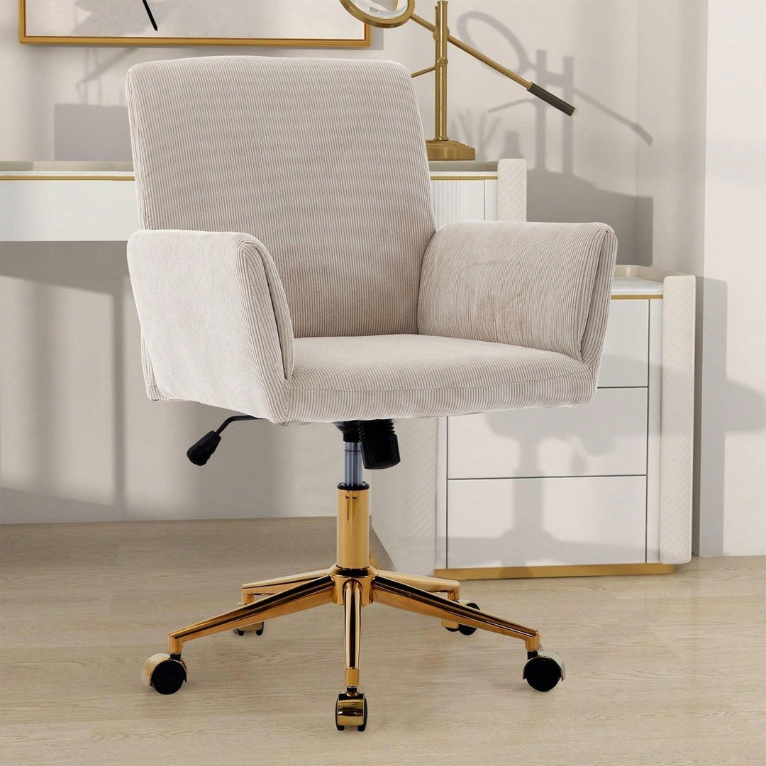 Stylish Modern Height Adjustable Ergonomic Corduroy Office Chair With Gold Base - Creamy White Leisure Armchair For And Image 5