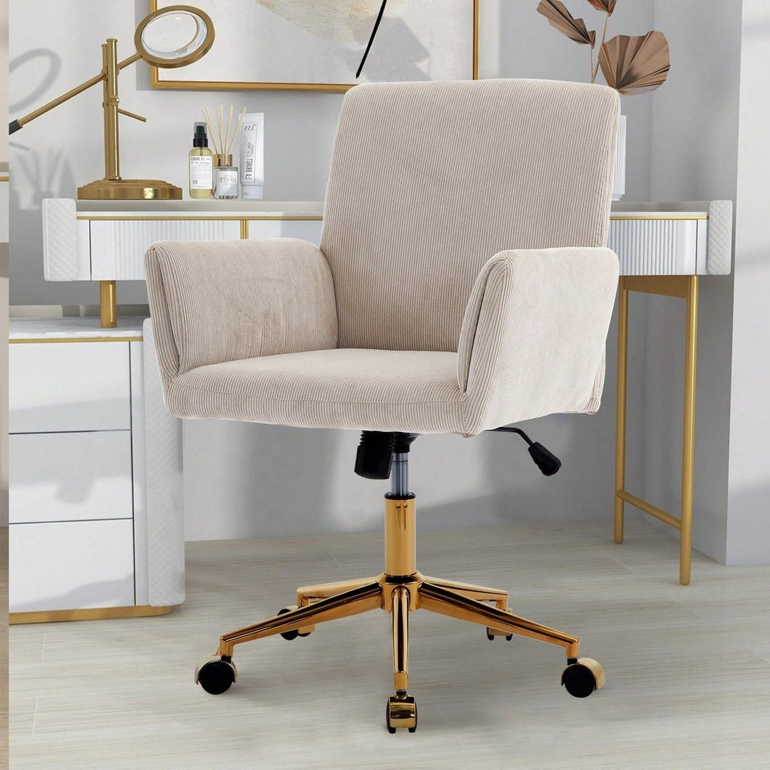 Stylish Modern Height Adjustable Ergonomic Corduroy Office Chair With Gold Base - Creamy White Leisure Armchair For And Image 6