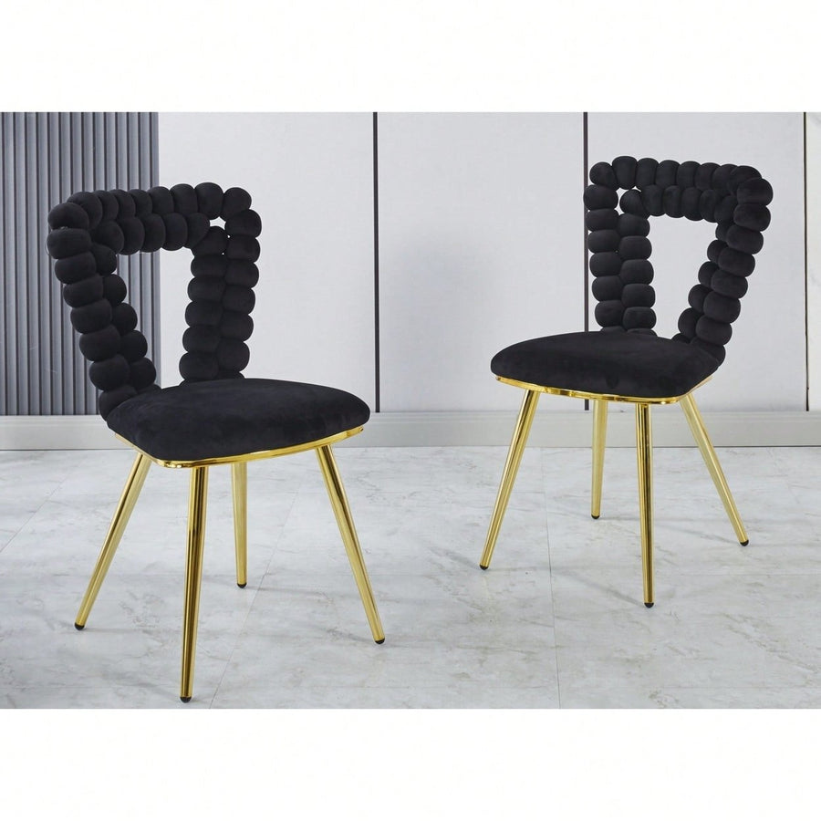 Stylish Set of 2 Modern Chairs with Gold Legs and Soft Black Cushions for Dining and Living Spaces Image 1