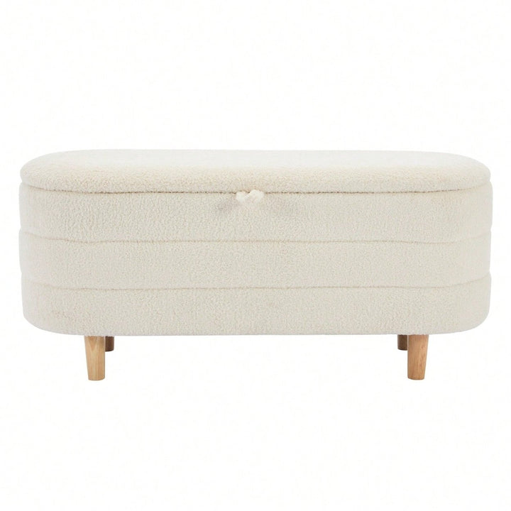 Stylish Sherpa Fabric Storage Ottoman with Wooden Legs for Bedroom and Living Room, White Blanket and Toy Organizer, Image 1