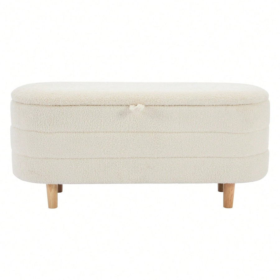 Stylish Sherpa Fabric Storage Ottoman with Wooden Legs for Bedroom and Living Room, White Blanket and Toy Organizer, Image 1