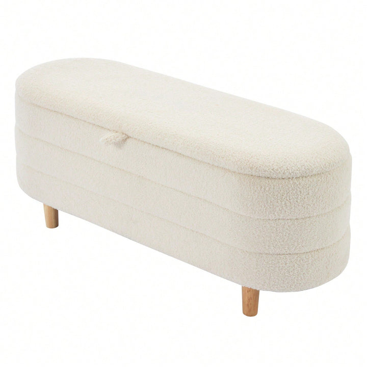 Stylish Sherpa Fabric Storage Ottoman with Wooden Legs for Bedroom and Living Room, White Blanket and Toy Organizer, Image 3