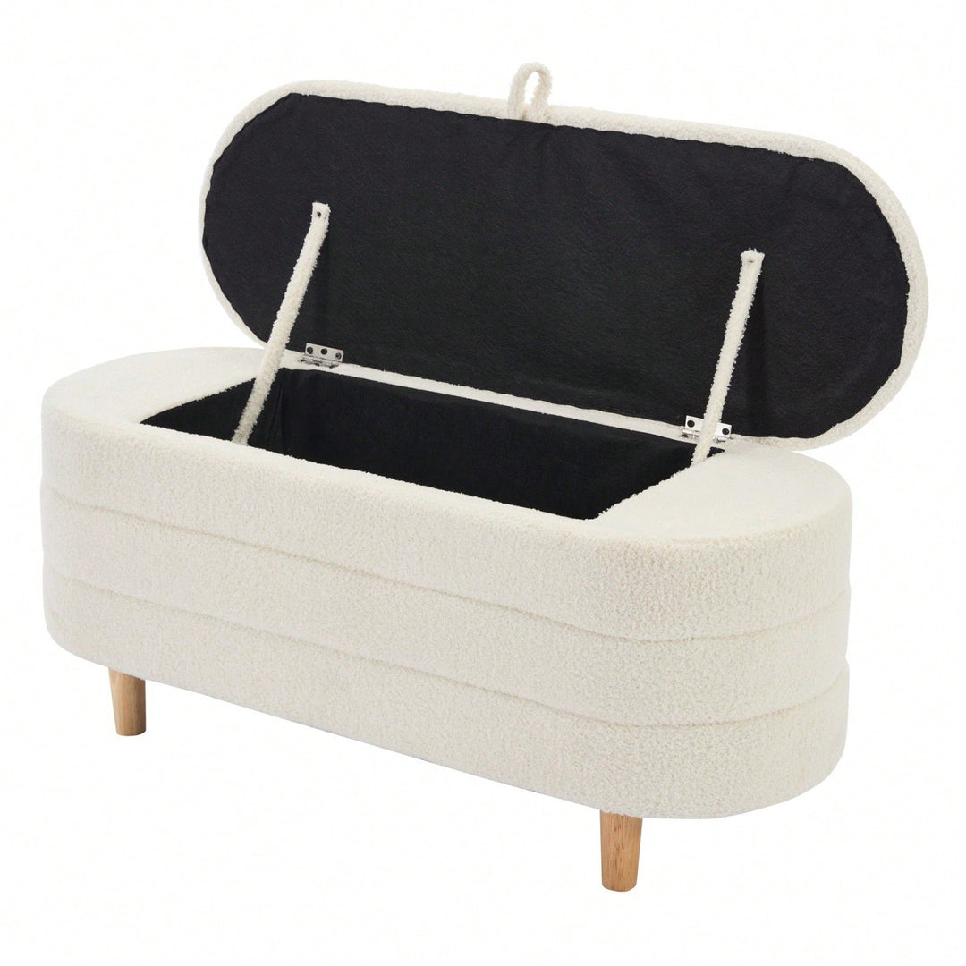 Stylish Sherpa Fabric Storage Ottoman with Wooden Legs for Bedroom and Living Room, White Blanket and Toy Organizer, Image 4