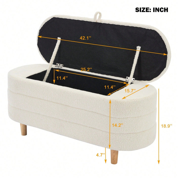 Stylish Sherpa Fabric Storage Ottoman with Wooden Legs for Bedroom and Living Room, White Blanket and Toy Organizer, Image 6