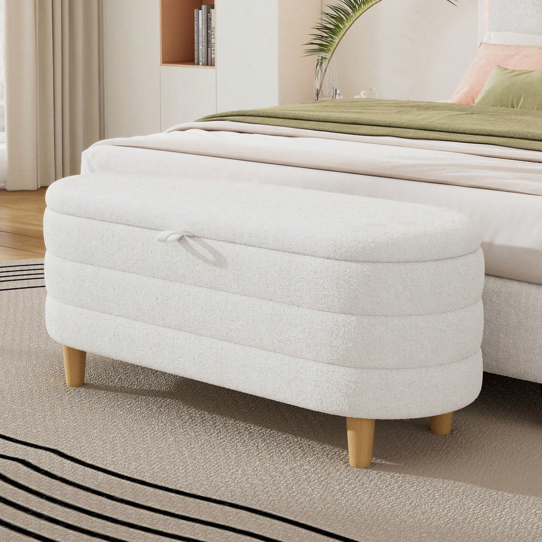 Stylish Sherpa Fabric Storage Ottoman with Wooden Legs for Bedroom and Living Room, White Blanket and Toy Organizer, Image 8