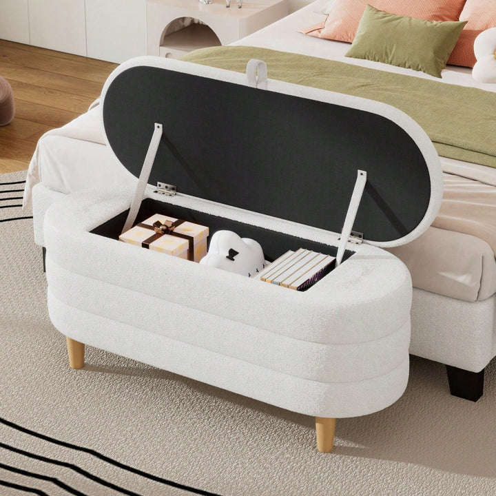 Stylish Sherpa Fabric Storage Ottoman with Wooden Legs for Bedroom and Living Room, White Blanket and Toy Organizer, Image 9