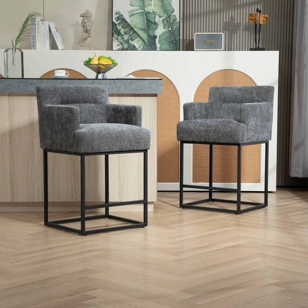 Stylish Beige Upholstered Counter Height Bar Stools Set of 2 with Back and Black Metal Frame for Kitchen Islands and Image 1