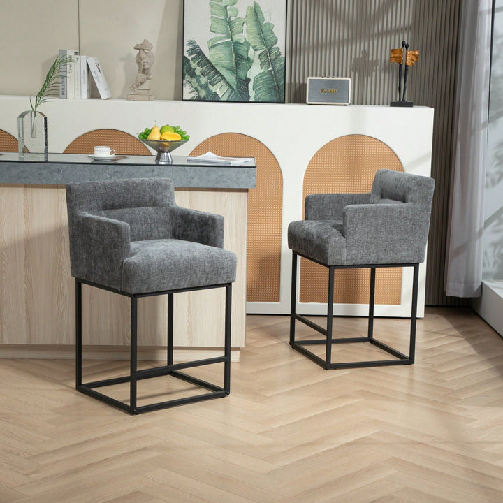 Stylish Beige Upholstered Counter Height Bar Stools Set of 2 with Back and Black Metal Frame for Kitchen Islands and Image 4