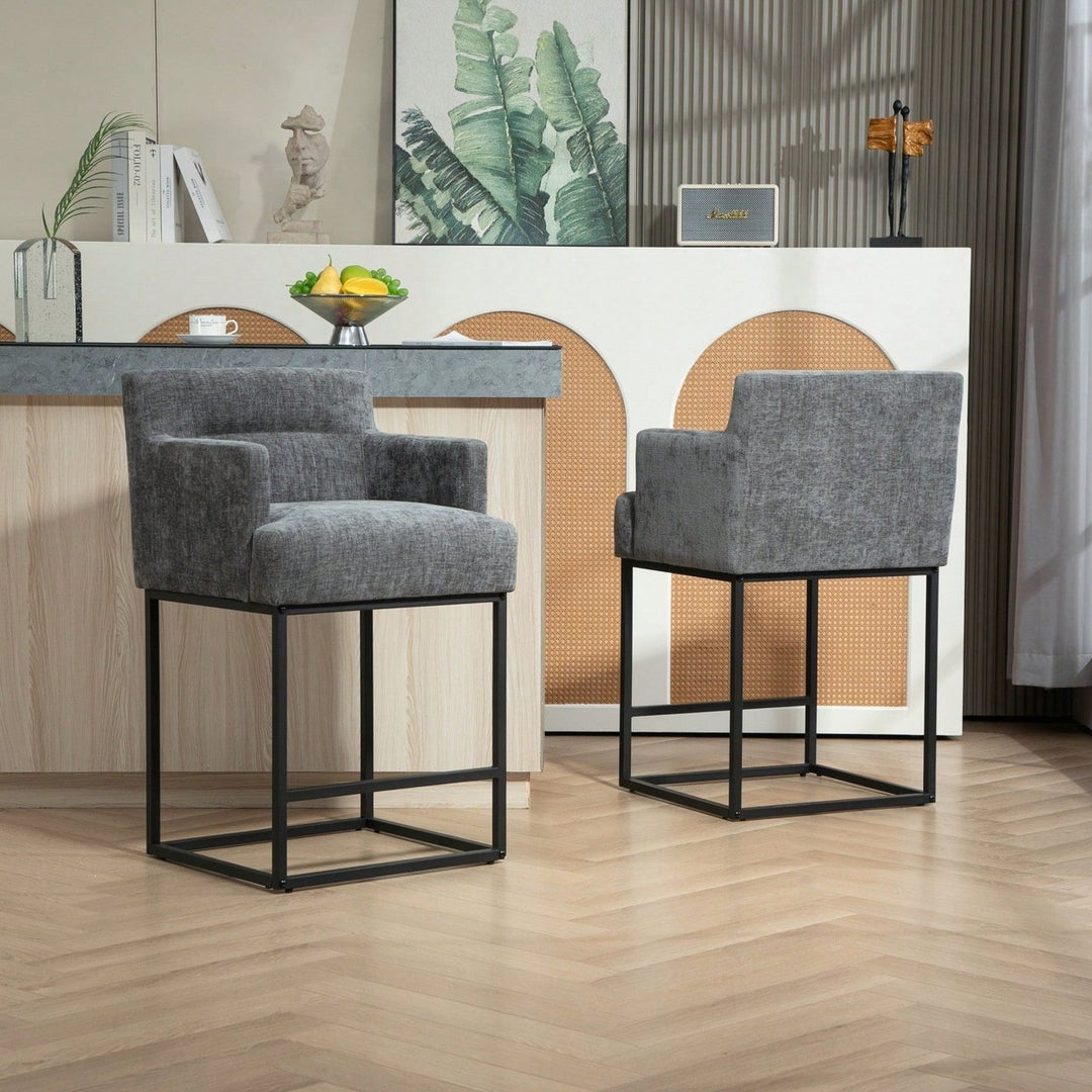 Stylish Beige Upholstered Counter Height Bar Stools Set of 2 with Back and Black Metal Frame for Kitchen Islands and Image 6