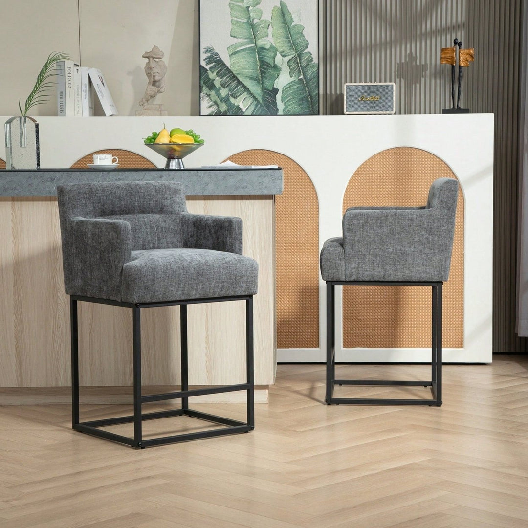 Stylish Beige Upholstered Counter Height Bar Stools Set of 2 with Back and Black Metal Frame for Kitchen Islands and Image 8