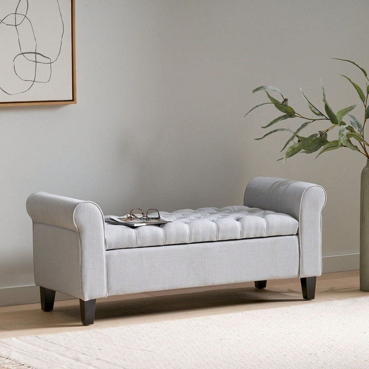 Stylish And Functional Armed Storage Bench With Cushion For Entryway Or Living Room Image 6