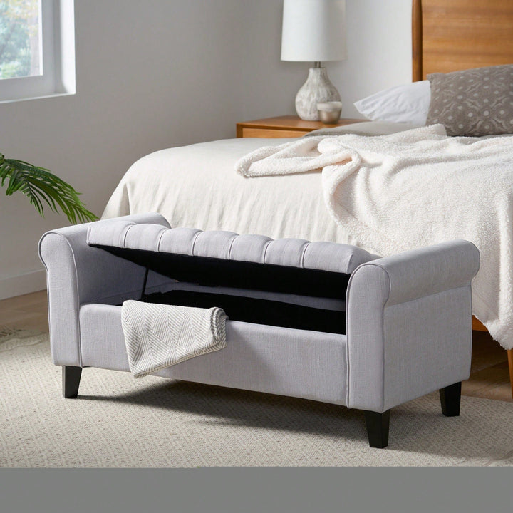 Stylish And Functional Armed Storage Bench With Cushion For Entryway Or Living Room Image 7