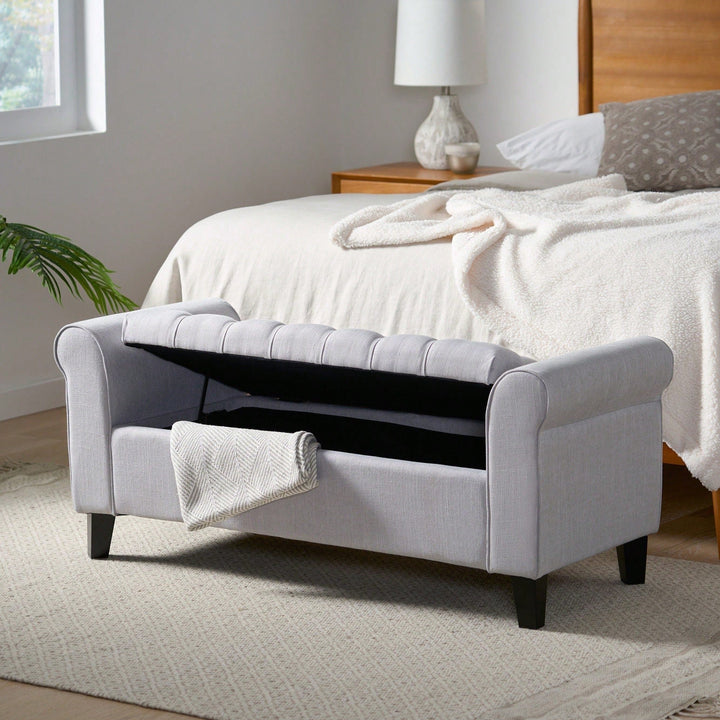 Stylish And Functional Armed Storage Bench With Cushion For Entryway Or Living Room Image 8