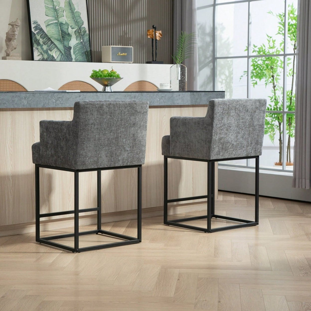 Stylish Beige Upholstered Counter Height Bar Stools Set of 2 with Back and Black Metal Frame for Kitchen Islands and Image 10