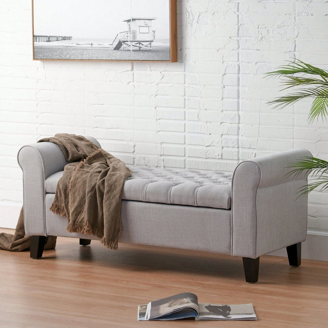 Stylish And Functional Armed Storage Bench With Cushion For Entryway Or Living Room Image 10