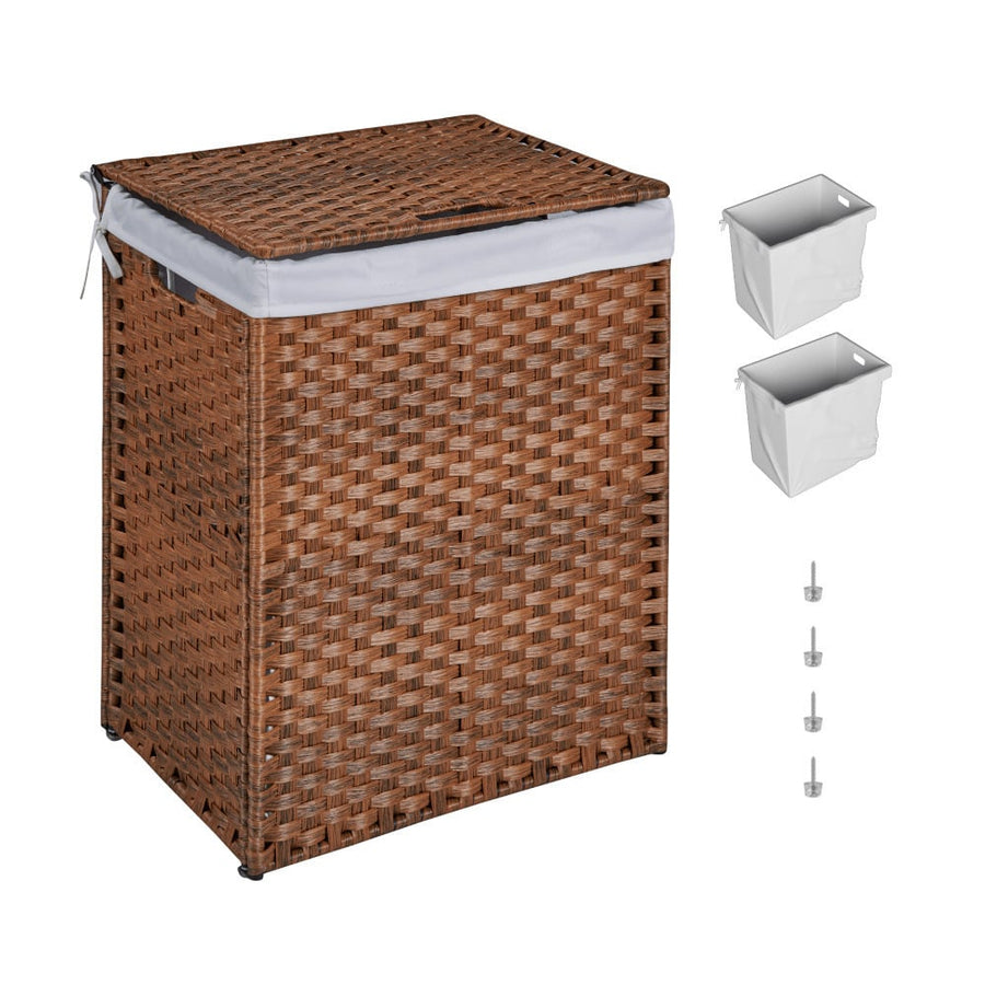 Stylish Brown Laundry Hamper With Lid, 100L Capacity, PE Rattan Frame and 2 Removable Bags For Easy Sorting Image 1