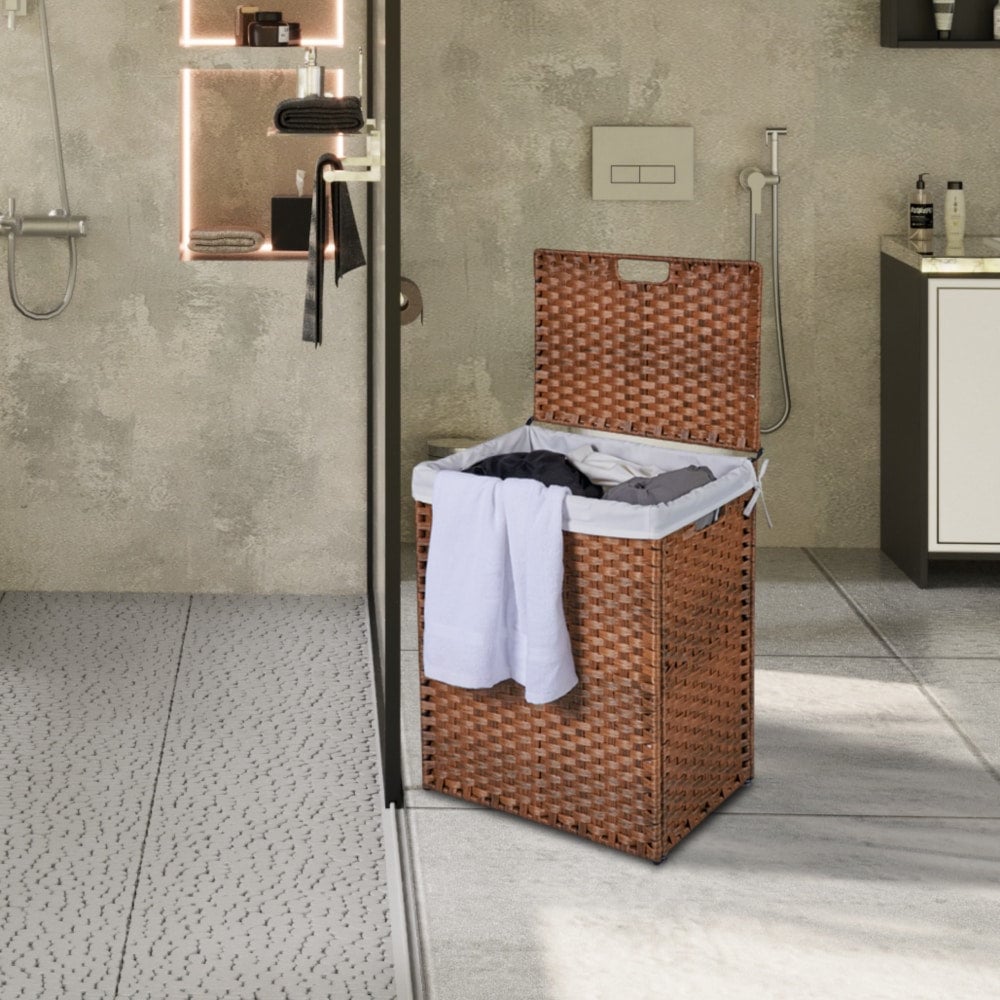 Stylish Brown Laundry Hamper With Lid, 100L Capacity, PE Rattan Frame and 2 Removable Bags For Easy Sorting Image 4