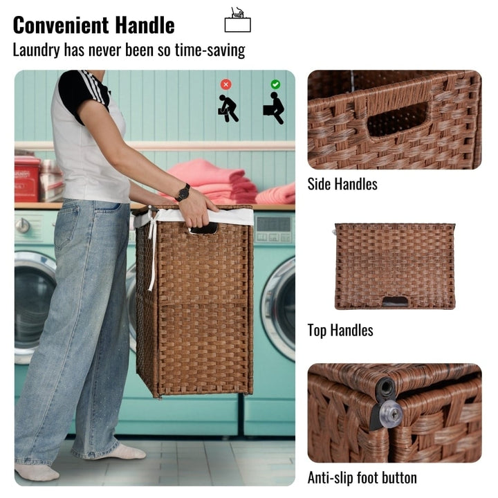 Stylish Brown Laundry Hamper With Lid, 100L Capacity, PE Rattan Frame and 2 Removable Bags For Easy Sorting Image 7