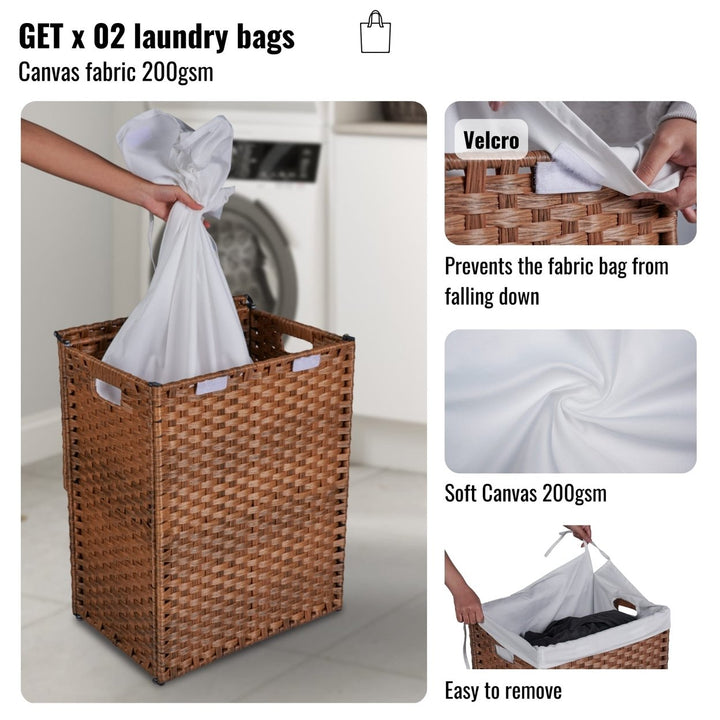 Stylish Brown Laundry Hamper With Lid, 100L Capacity, PE Rattan Frame and 2 Removable Bags For Easy Sorting Image 8