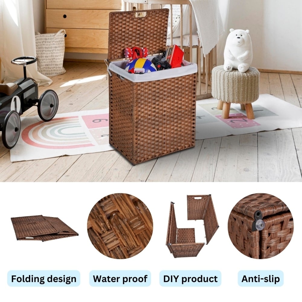 Stylish Brown Laundry Hamper With Lid, 100L Capacity, PE Rattan Frame and 2 Removable Bags For Easy Sorting Image 9