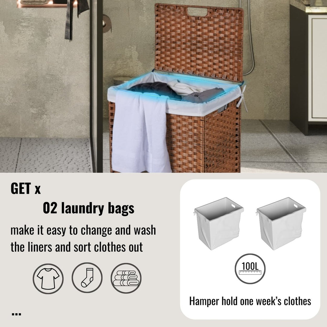 Stylish Brown Laundry Hamper With Lid, 100L Capacity, PE Rattan Frame and 2 Removable Bags For Easy Sorting Image 12